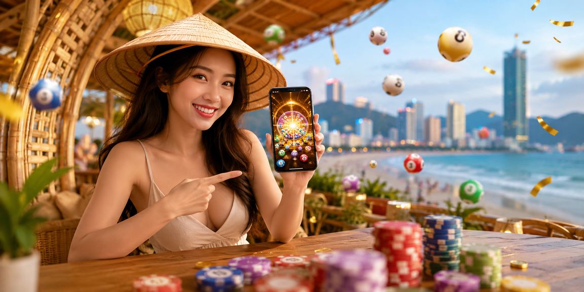 Người dùng tại Vũng Tàu xem kết quả xổ số trực tuyến trên điện thoại với hình ảnh nón lá